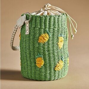 Anthropologie Raffia Green Woven Bucket Bag with Lemon Fruit Embroidery